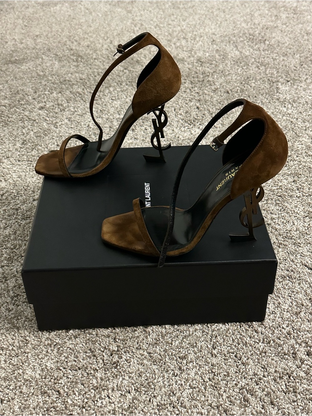 Saint Laurent Brown Suede Opyum Logo-Heel Sandals excellent condition